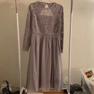 Truth & Fable Women's Gray Lace A-Line Long Sleeve Lacy Midi Dress L NWT
